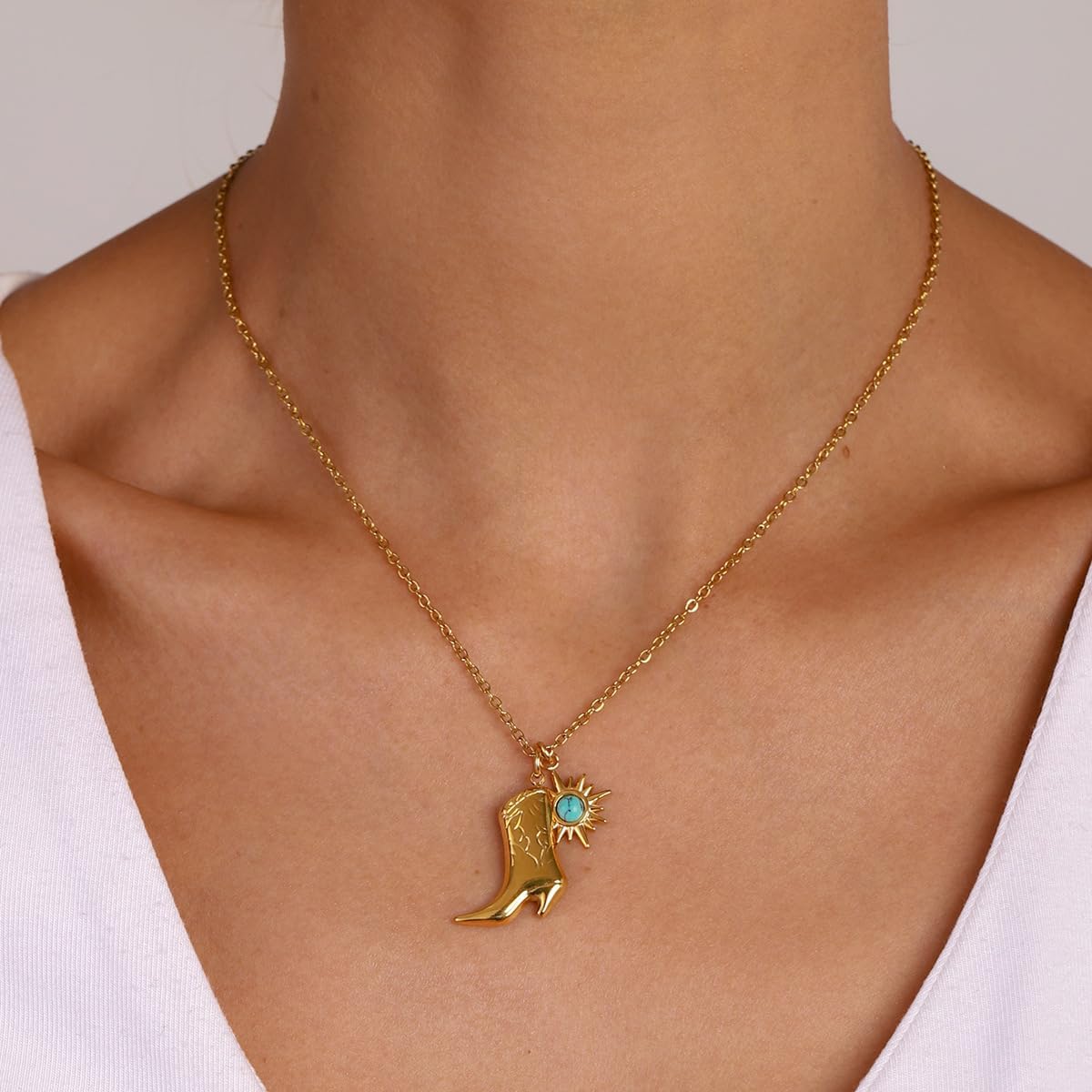 Boho Sun Turquoise Cowboy Boot Pendant Stainless Steel Choker Necklace Trendy Cowgirl Boots Charm Necklaces Adjustable Chain Western Jewelry Country Concert Rodeo Outfit Birthday Gift for Women - Image 6