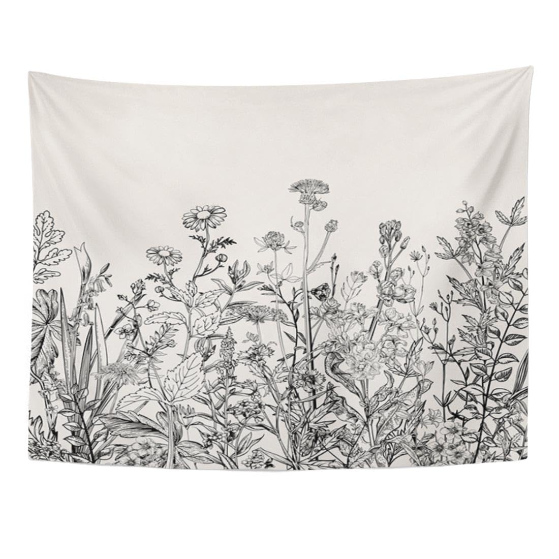 Emvency Tapestry Floral Border Herbs and Wild Flowers Botanical Engraving Style Black and White Home Decor Wall Hanging 50" x 60" Inches Print for Living Room Bedroom Dorm