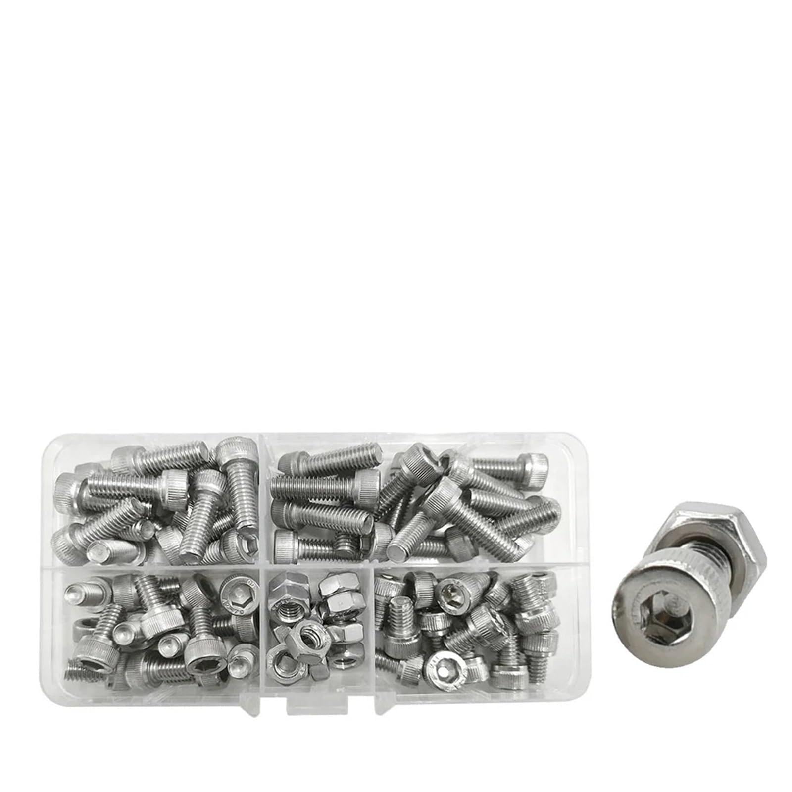 Schrauben Muttern Set Edelstahl-Sechskant-Innensechskantschraube, Bolzen-Mutter-Set, Sortiment-Set, Inbus-Sechskantschrauben, Muttern-Set(M6)