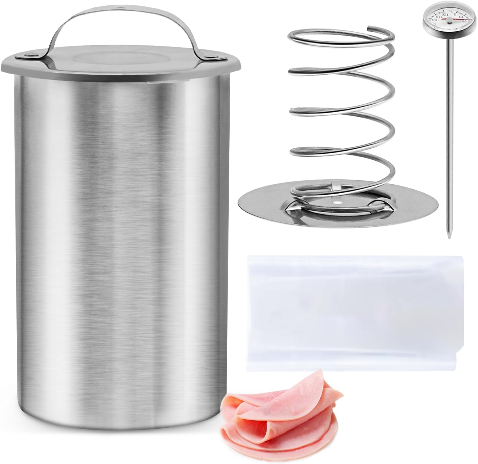 MASTER FENG Meat Press Mold for Deli Meats Stainless Steel Ham Maker, Ham Press Mold with Thermometer & 20 Cooking Bags for Making Homemade Healthy Deli Meat