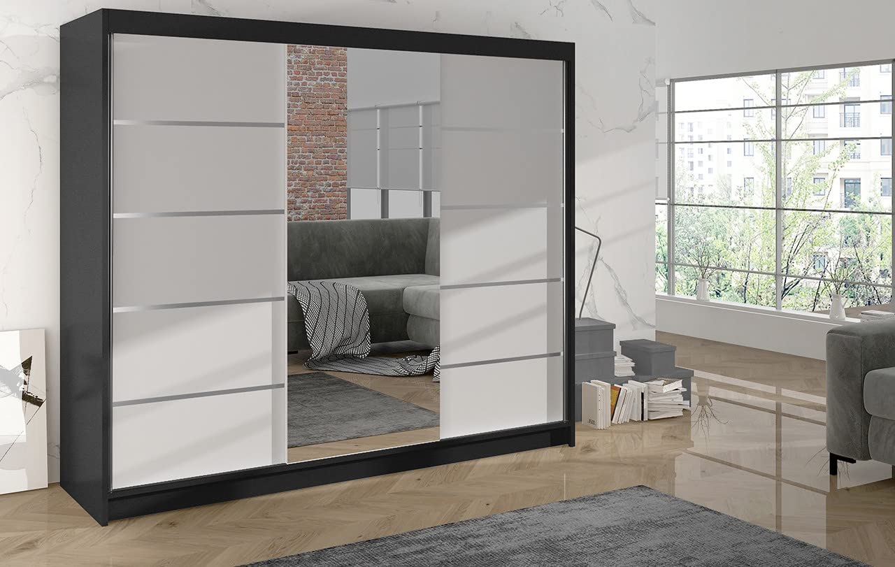 ML Furniture Astra Szafa z drzwiami przesuwnymi, czarno-biała, 200 cm, lustrzana, szafa do sypialni, z drążkiem na ubrania, zestaw mebli do sypialni, 200 x 215 x 58 cm