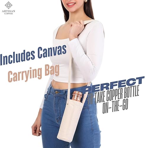 Miniatura 3 de Artisan - Botella de agua de cobre 100% puro de 32 onzas, versátil y apta para viajes, botella ayurvédica para mujeres y hombres, diseño de boca