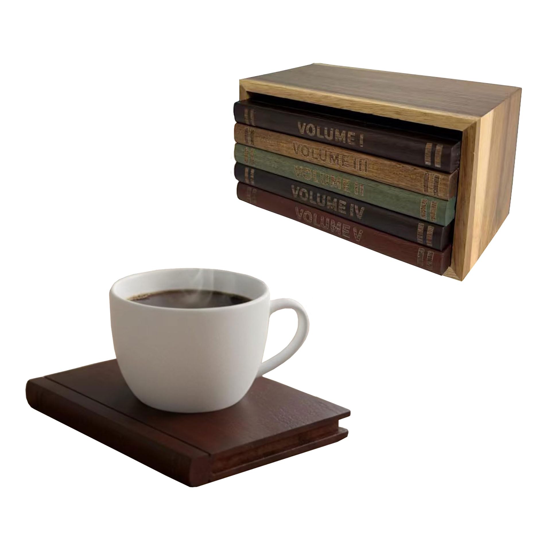 PSKJHN Book Coaster Set of 5, Acacia Wood Coaster Set with Wooden Stand for Coffee, Tea & Cocktail Display, Tabletop Protection And Decor - Gift for Book Lovers sets of 5,8x9x14.5cm
