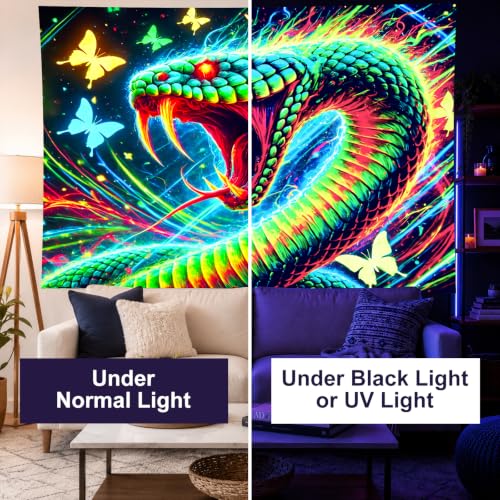 Image of BlissYard Psychedelic Dragon Blacklight Tapestry 78x59 Inch UV Reactive Wall Hanging Fantasy Castle Scene Glow in Dark Backdrop Luminous Blacklight Tapestry Aesthetic Decor Art