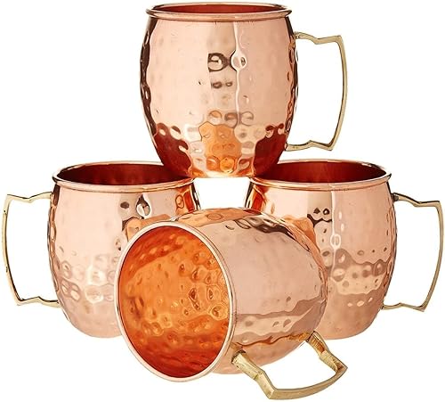 PR INTERNATIONAL - Juego de 4 tazas de cobre con mango de latón con aspecto martillado de cobre, taza de Moscú, perfecta para cualquier bebida fría