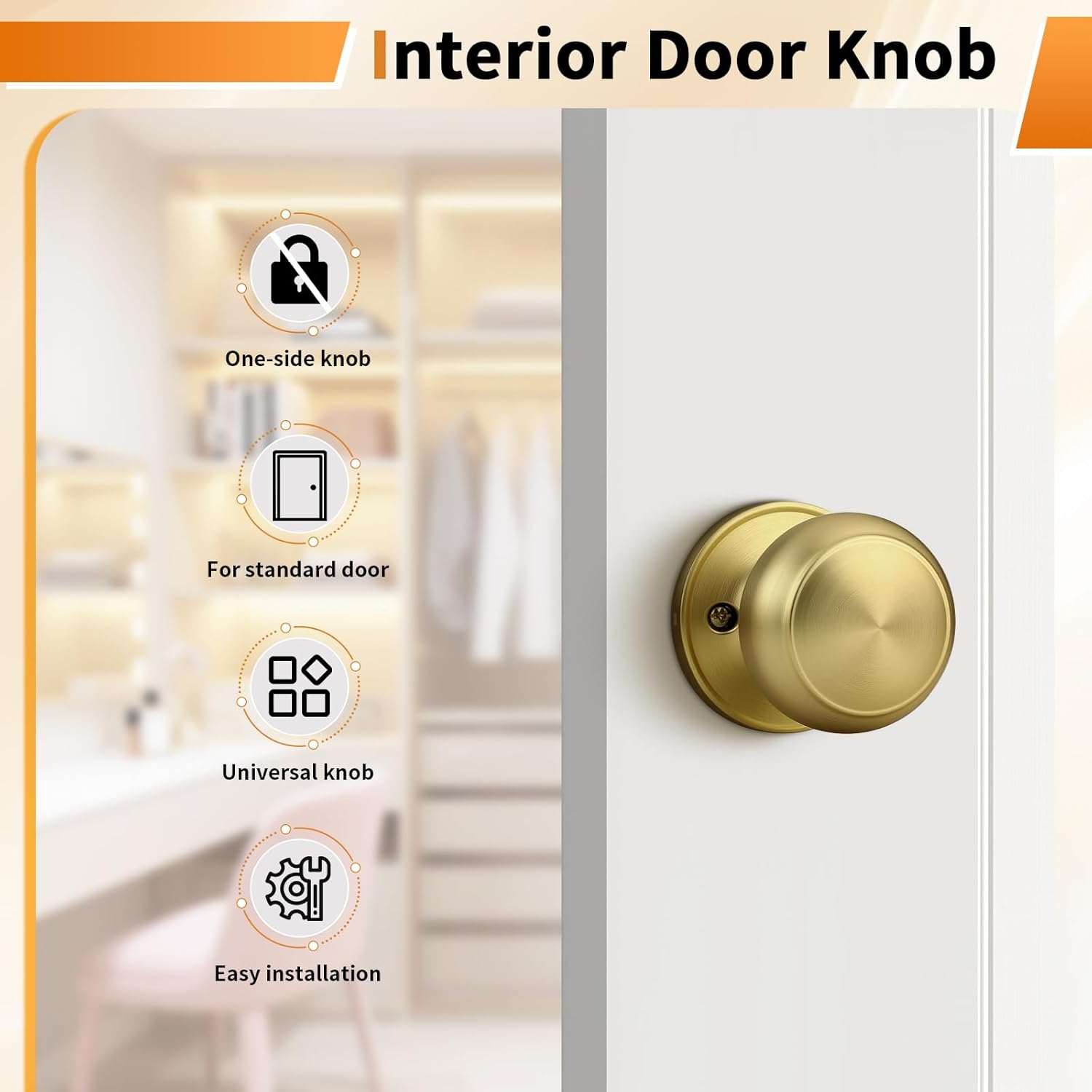 Probrico Brushed Brass Half Dummy Door Knobs, Round Non-Turning Inactive Gold Door Knob for Closet French Door, 2 Pack