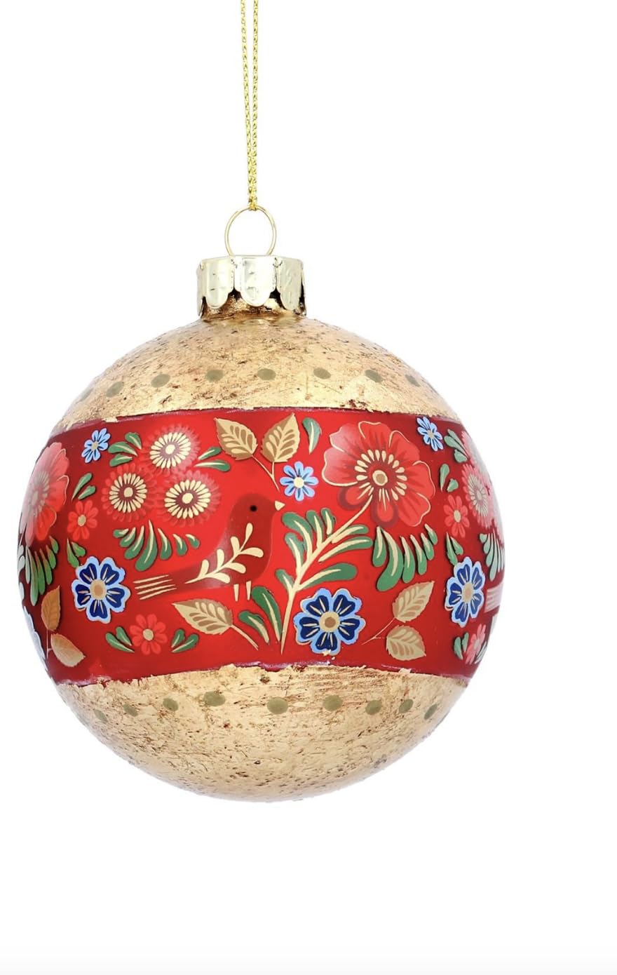 Gold Bauble with Red Stripe Floral Folk Art Christmas Bauble, Red Stripe & Gold Glass Bauble, Xmas Tree Decoration, Flower Pattern Christmas Bauble, Vintage Traditonal Christmas Ornament