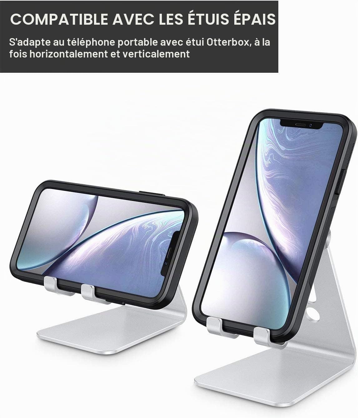 OMOTON, Support Téléphone Bureau Multi-Angles Réglable, Support Téléphone Portable en Aluminium Compatible avec iPhone 13 Pro/13/12 Pro Max/12/11 Pro/XR, Samsung S20/S10/S9, Argenté