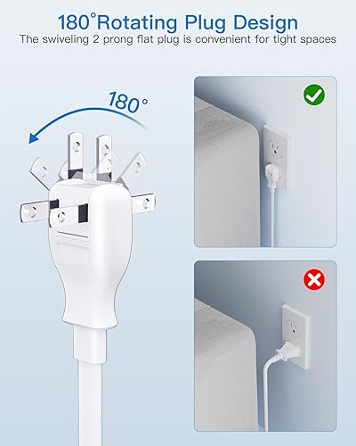 Miniatura 4 de Tira de alimentación de enchufe plano de 2 clavijas, cable de extensión de 2 clavijas de 1875 W con enchufe plano giratorio de 180, adaptador de