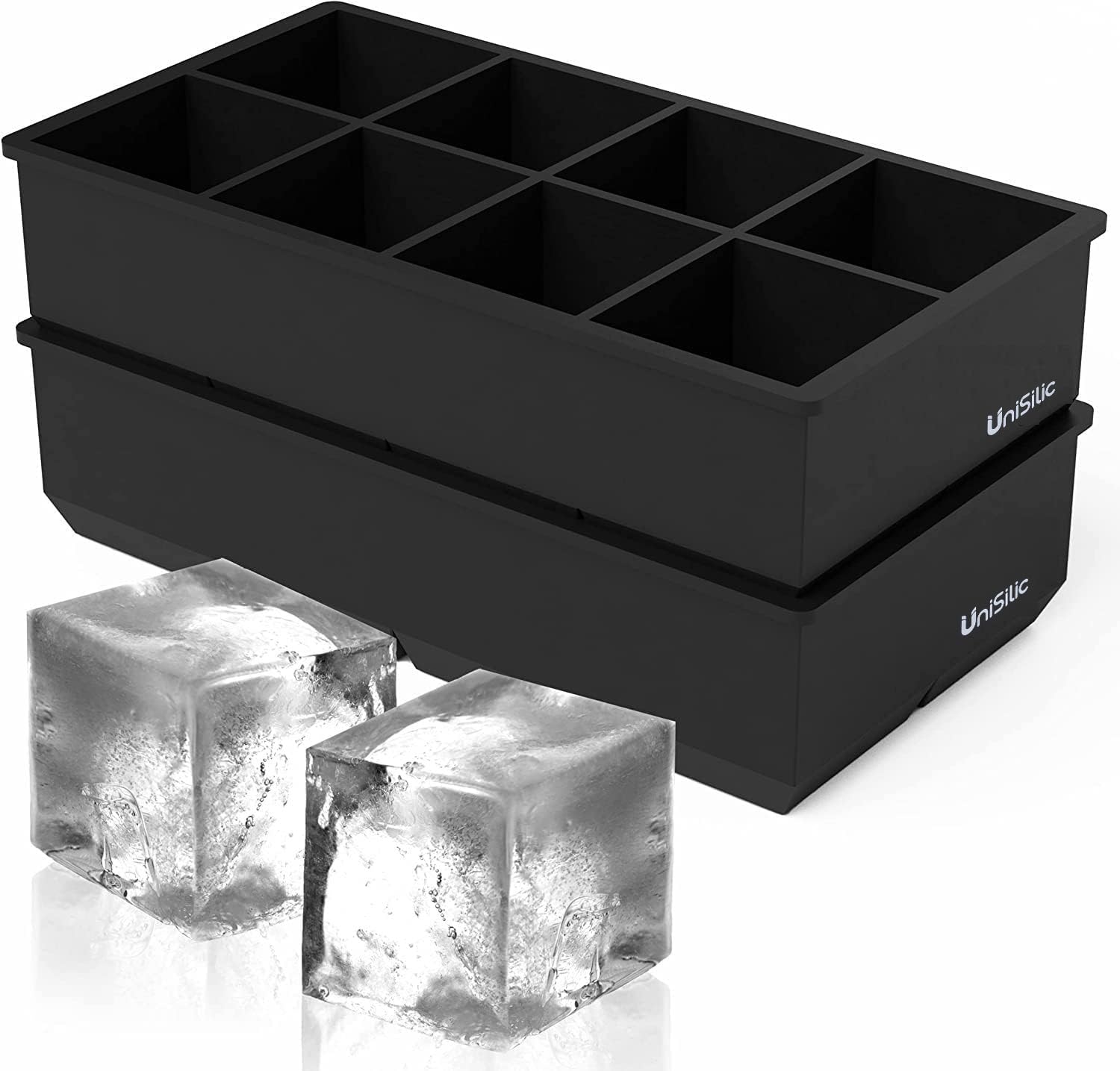 Large Ice Cube Trays Pack of 2 - Flexible 8 Cavity Big Silicone Ice Cube Mold, Stackable Large Square Ice Cube Tray, BPA Free Slow Melting Ice Cube Maker for Cocktails, Drinks, Coffee, Juice