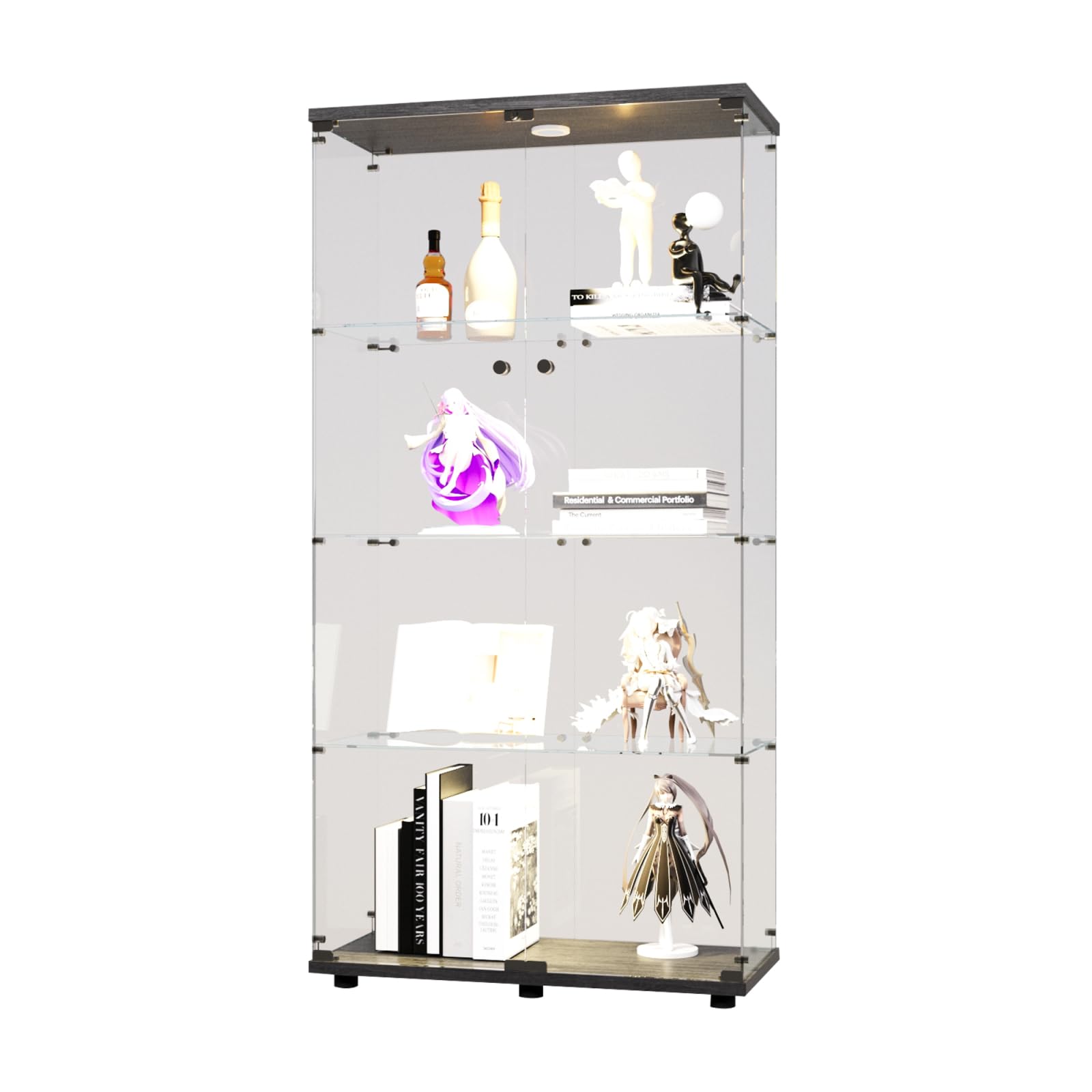 BRILVERDE Vitrina de cristal, 164 x 80,5 x 36,5 cm, iluminación LED con cerradura, 2 puertas, 4 compartimentos, para coleccionables (negro (1))