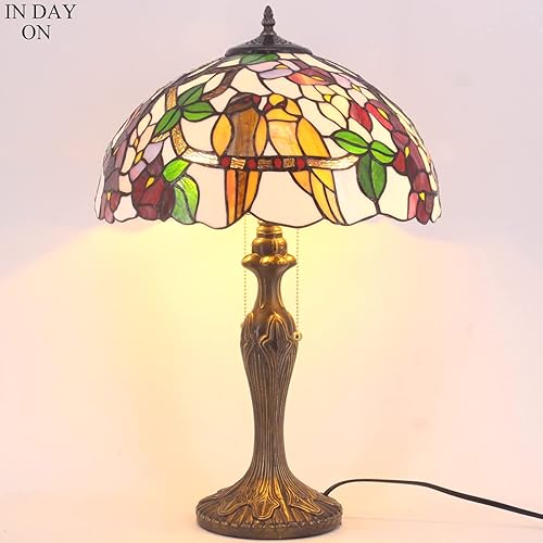 Miniatura 4 de WERFACTORY Lámpara de mesa estilo Tiffany, doble pájaros, colorido, vitral, lámpara de noche de 16 x 16 x 24 pulgadas, luz de escritorio, base de