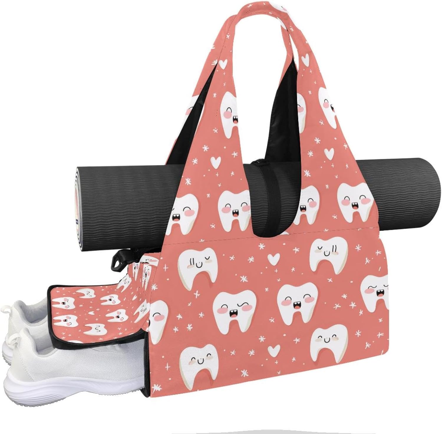 Gym Bag for Women, Teeth Yoga Mat Bag with Shoe Compartment, Sport Yoga Gym Bag with Yoga Strap, Carryall Yoga Tote Bag