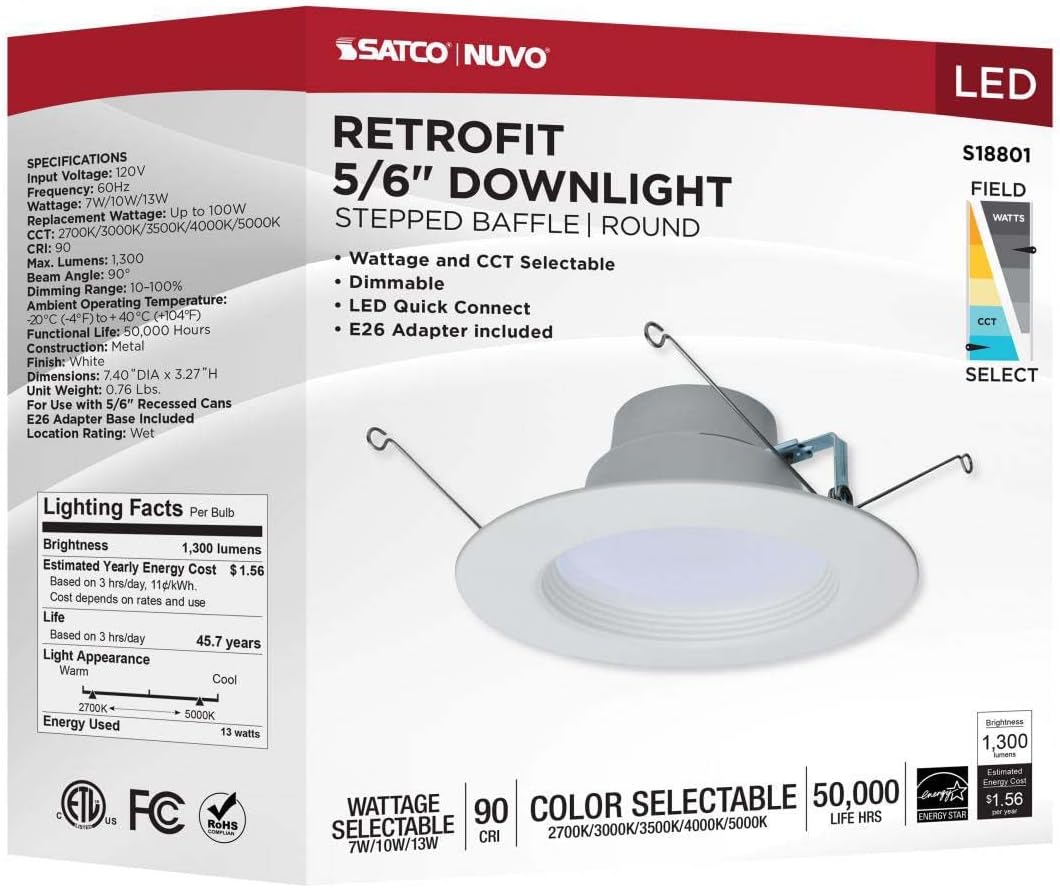 Satco LED Retrofit Downlight with Stepped Baffle, CCT and Wattage Selectable, 5-6 Inch Round, White