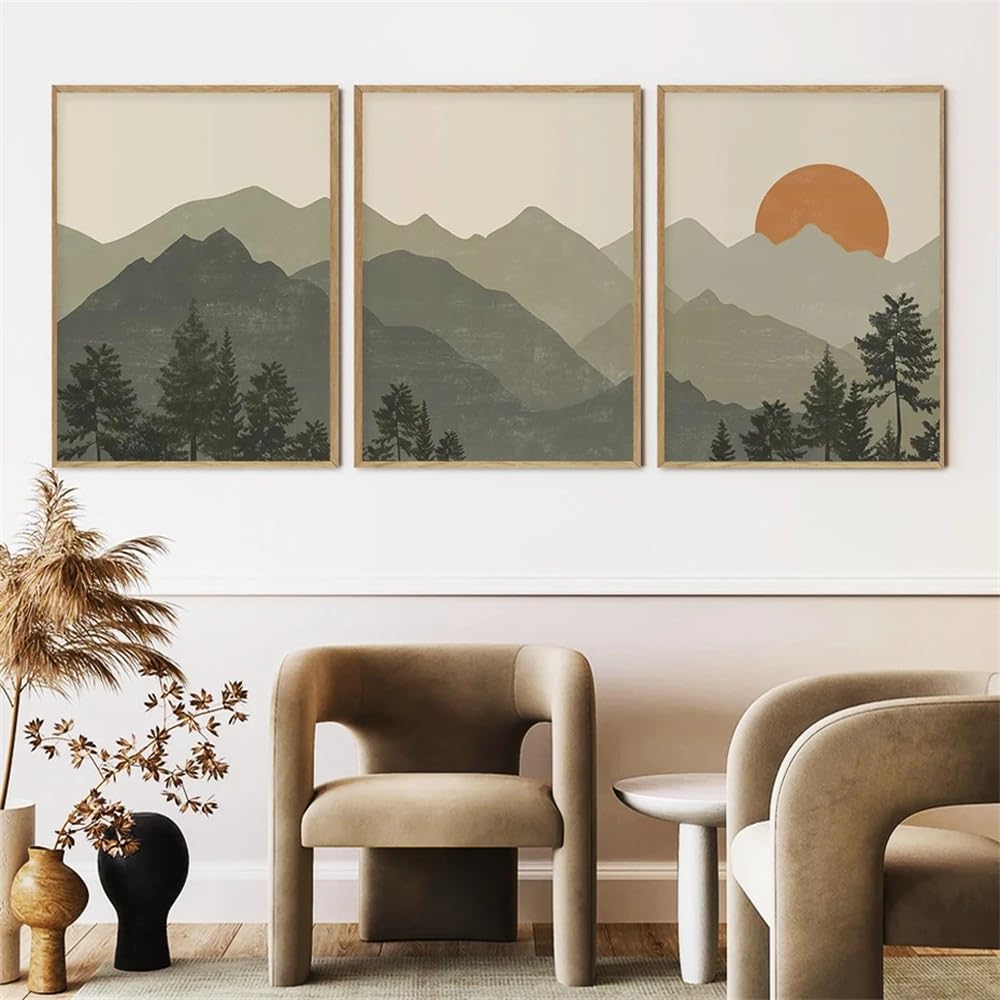 WUHBCZ Canvas Paints-Boho Green Mountain Minimal Abstract Posters Landscape Wall Art Canvas Painting Print Pictures Living Room Interior Office Home Decor-60 * 80cm/3PCS (No Frame)