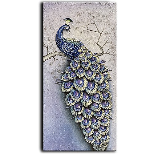 YaSheng Art -100% Hand-painted Oil Painting on Canvas Beautiful Colorful peacock carving Paintings Modern Home Sitting room Decor Canvas Wall Art 3D Painting Ready to hang 24x48 inch