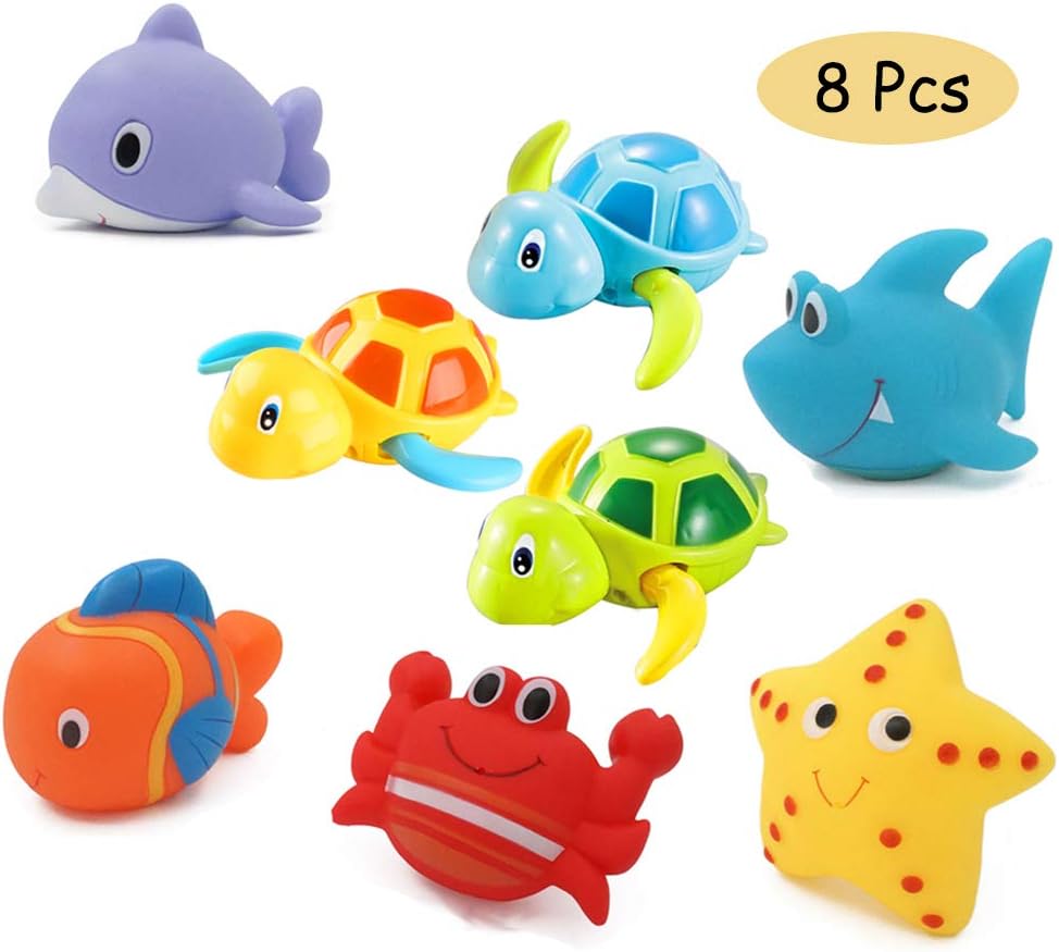 QICI 8 Pcs Water Bath Toys Include 3 Pcs Wind-up Bath Swimming Turtle Toys & 5 Pcs Sprinkling Starfish Shark Crab Dolphin Clown Fish Toys Swimming Tub Bathtub Pool Cute Swimming Toys for Boys Girls