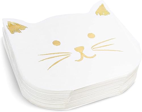 Servilletas de papel blanco con lámina dorada para suministros de fiesta de gatos (6.5 x 6.5 pulgadas, paquete de 50)