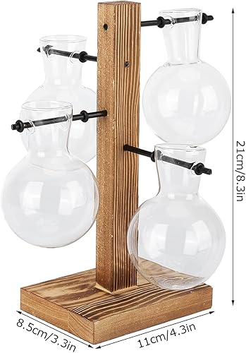 Miniatura 6 de Asixxsix Terrarios de plantas con soporte de madera, soporte retro para macetas hidropónicas de escritorio con 4 bombillas para propagar plantas