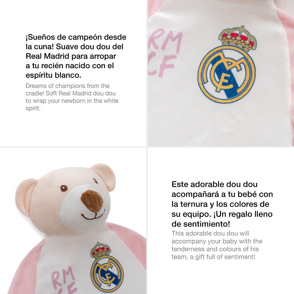 Interbaby - Dou Dou para Bebés Oso Real Madrid – Manta de Apego Suave con Peluche – Producto Oficial del Real Madrid CF – Ideal para Recién Nacidos y Niños Pequeños Futuros Madridistas