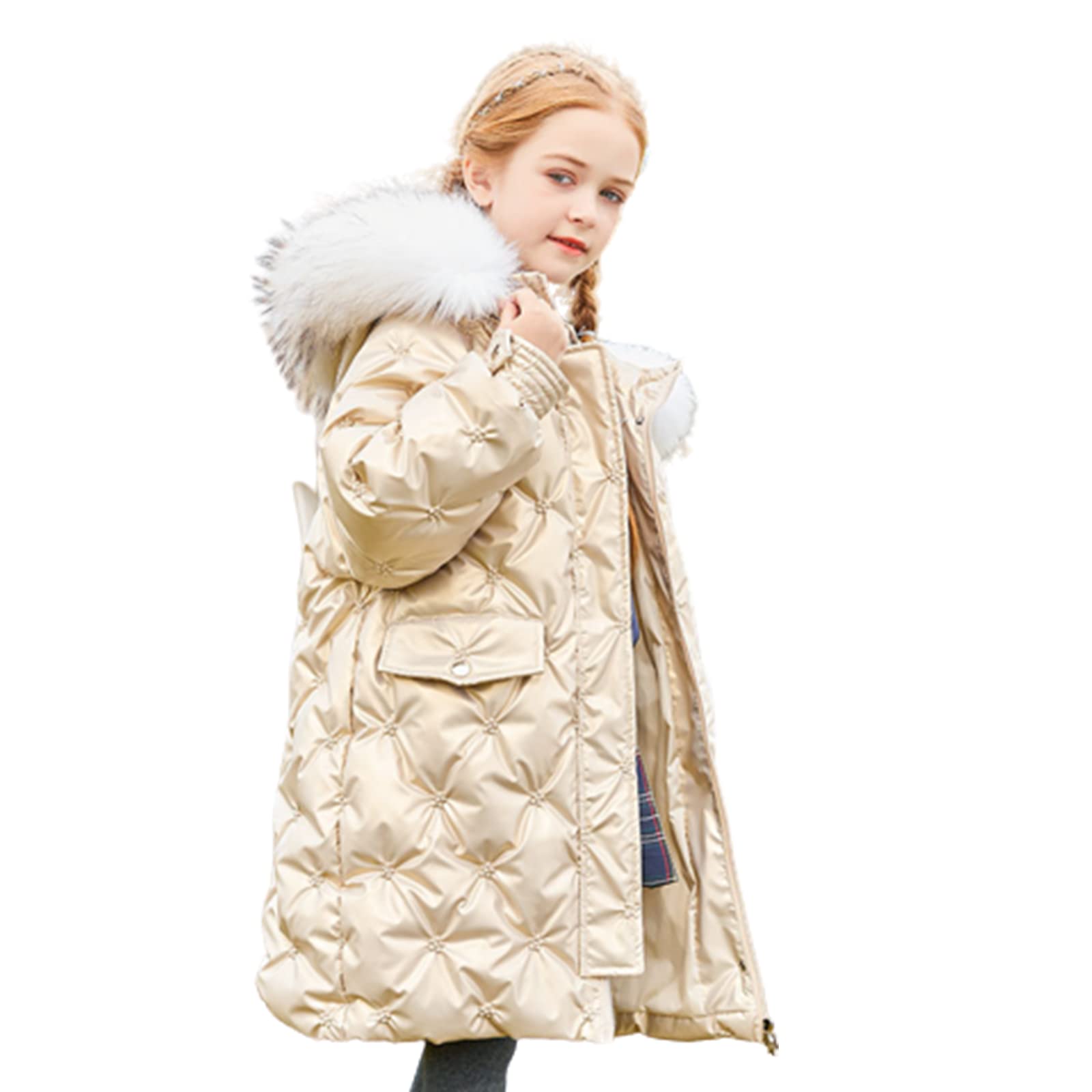 Piumino da Bambina Invernale Bianco Piumino D'Anatra per Bambini Caldo Giubbotto con Cappuccio Stampa Tridimensionale Dolce Ed Elegante,Gold,15(140CM)