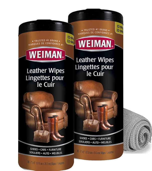 威曼皮革清洁湿巾 - 2包装，附微纤维布，保护皮革不褪色和开裂