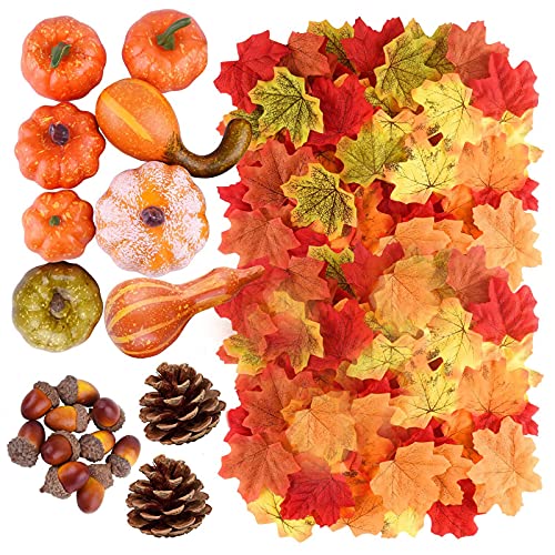 100 Pcs Otoño Acción de Gracias Decoraciones Artificiales Calabazas de Cosecha Calabazas Decoracion Otoño Hoja de Arce cono de Pino Calabaza Artificial para la Cosecha de Otoño Decoración de Mesa