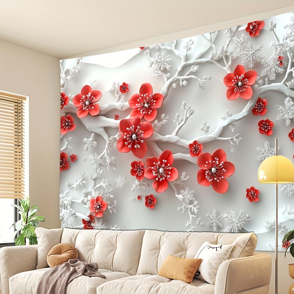 GLWDMH 200 x 180 cm styl reliefowy zimowe płatki śniegu i czerwone kwiaty śliwy gobelin, poliester wiszący na ścianie, do sypialni, biura, akademika, dekoracja na imprezę