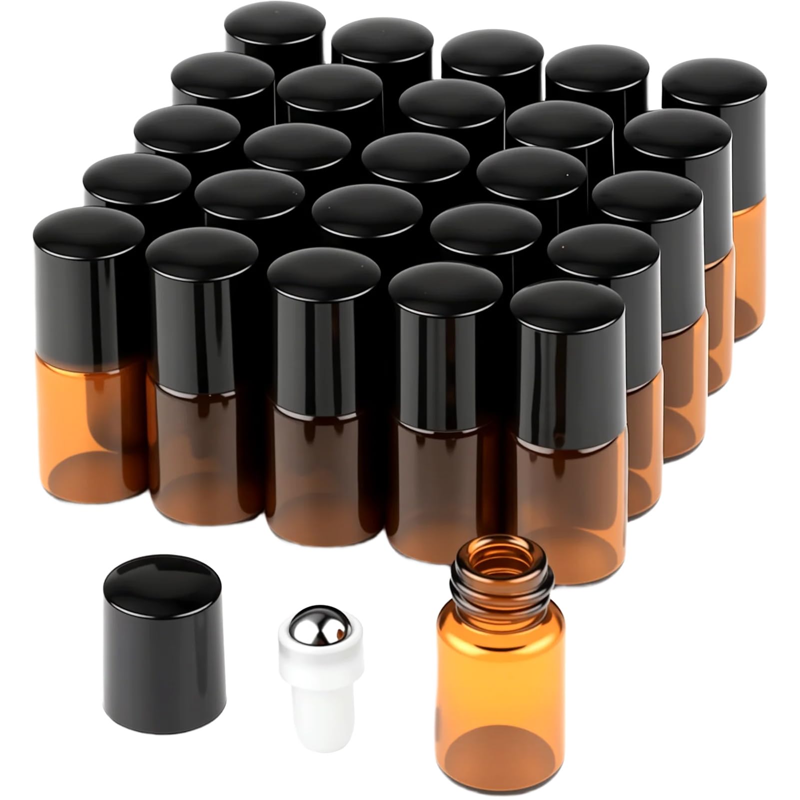 52 pièces Mini Rouleaux de verre brun, 2ml rouleau sur des bouteilles de verre avec des balles de rouleau en acier inoxydable, Rouleau de verre en ambre, pour les huiles, mélanges d'aromathérapie