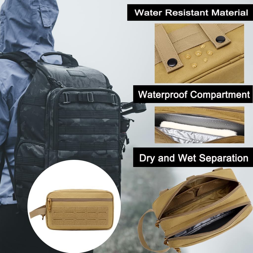 Tactical Toiletry Bag for Men – MOLLE Dopp Kit with Dry/Wet Separation, Large Capacity, Water-Resistant Travel Shaving Bag with U.S Patch & T-Mount MOLLE Clip (Black) image 3