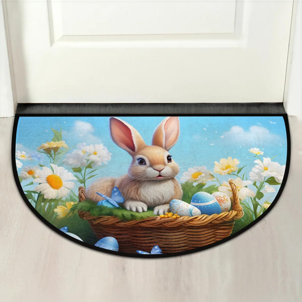 cfpolar Half Round Door Mat Rabbit Eggs Easter Non-Slip Semi Circle Area Rug Washable Semi Circle Floor Rug for Indoor Outdoor Living Room Bathroom Kitchen Patio Hearth Rugs Home Decoration