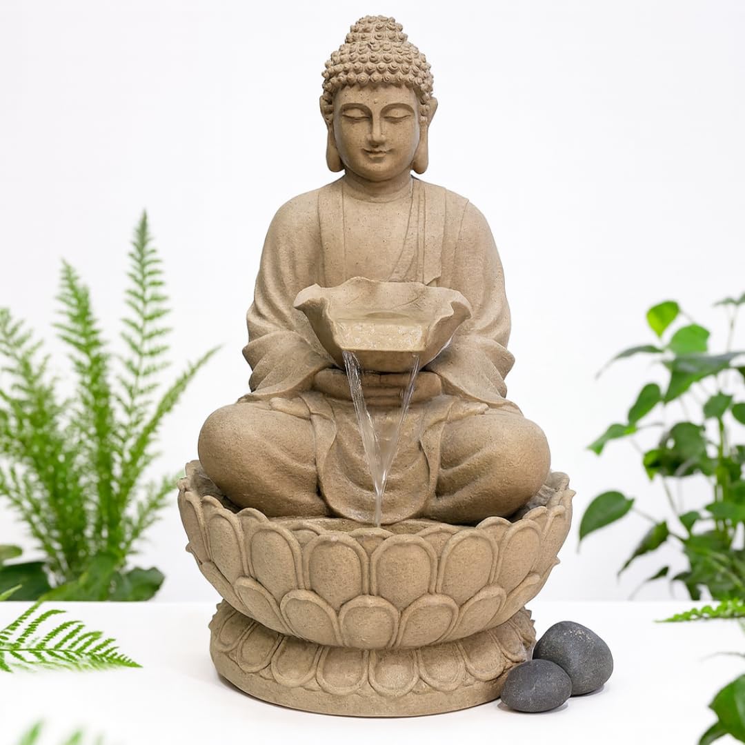 4ft Mystic Large Lotus Buddha Fiber Water Fountain for Home Decor | Indoor–Outdoor LED Fountain for Living Room, Balcony, Terrace Garden & Entrance | Showpiece for Peace & Vastu Decor (Beige)-image-30