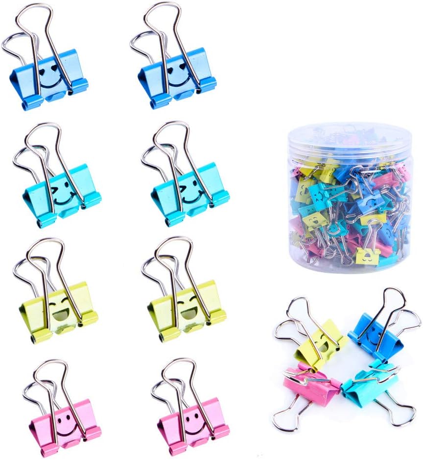Binder Clips, Limque Paper Clips,Paper Clamps with Colored Cute Hollow Smiling Face,100 Pcs 0.75 inch/19mm Size Clips, for Office,Teacher Gifts and Kitchen,Small/Mini