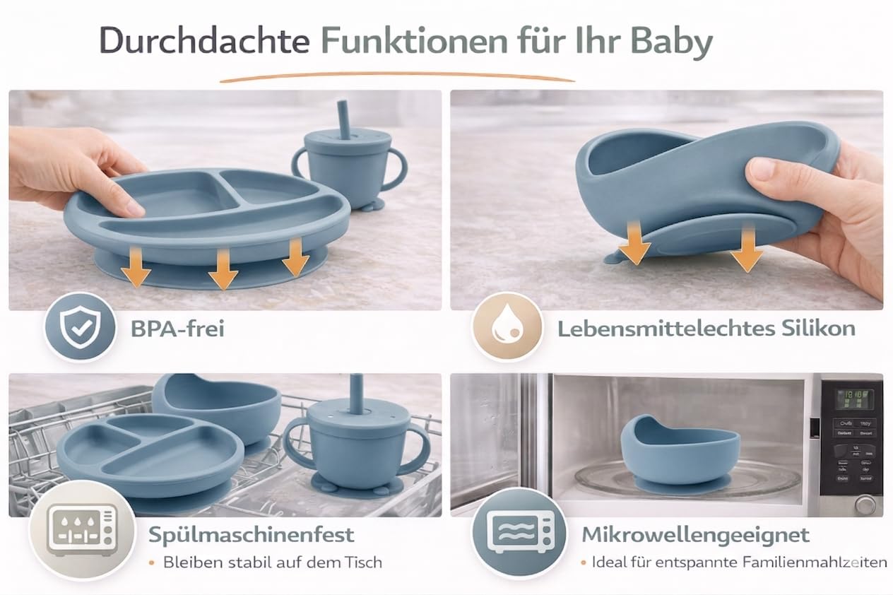 Eliano Set di stoviglie per bambini in silicone da 6 pezzi – piatto antiscivolo, ciotola, bicchiere con cannuccia, forchetta, cucchiaio, bavaglino – lavabile in lavastoviglie, senza BPA, adatto al