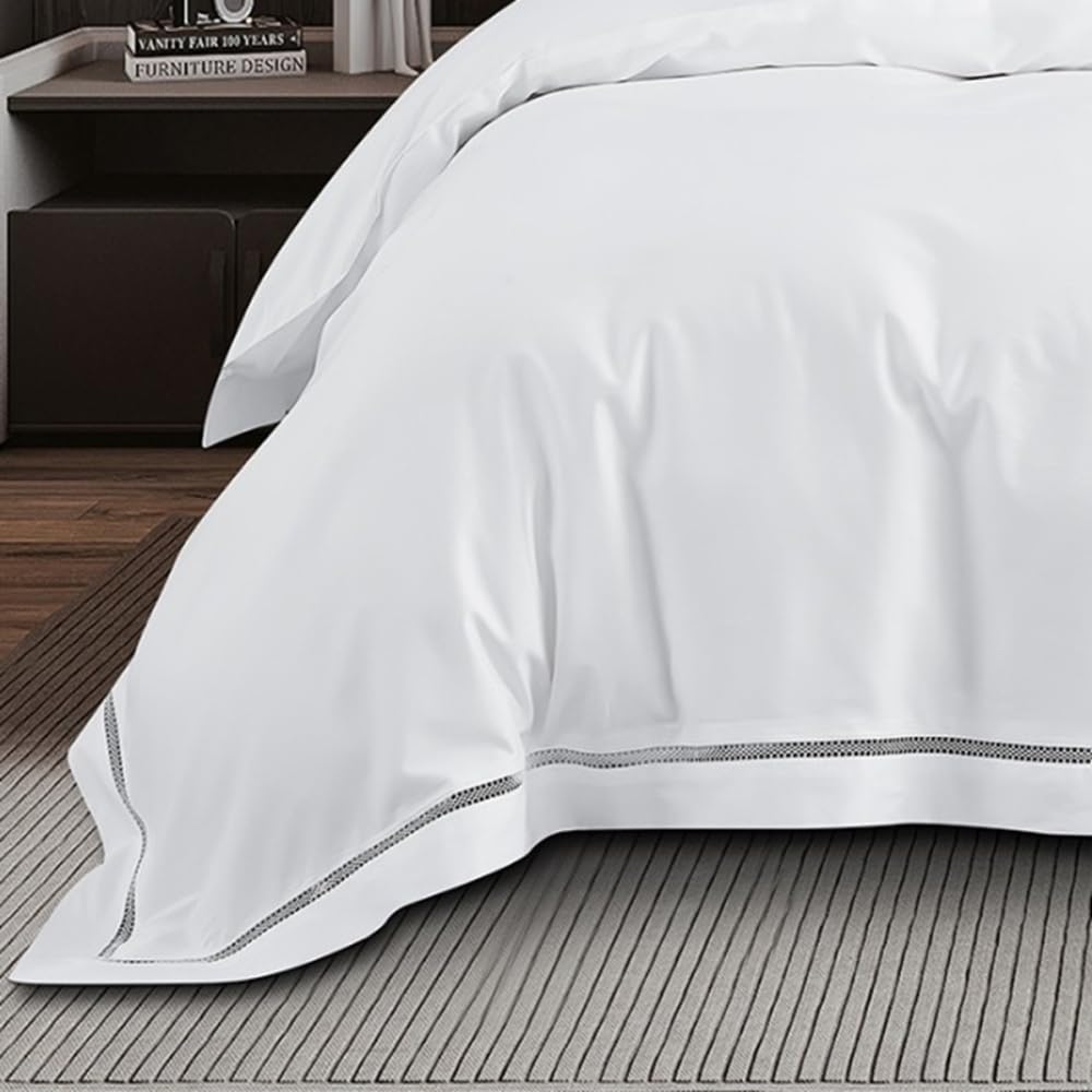 Housse de Couette brodée 220x240 cm Satin de Coton 120 Fils/cm² avec taies à Volant 65x65 cm - Luxe et élégance
