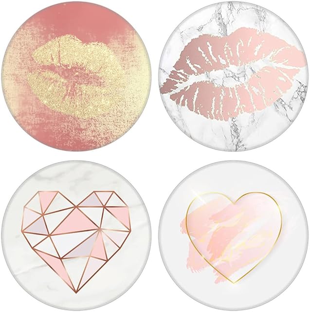 4 PACK / Foldable Finger Cell Phone Stand, Grip Holder for Smartphone - Blush Pink Rose Gold Heart Lip White Marble