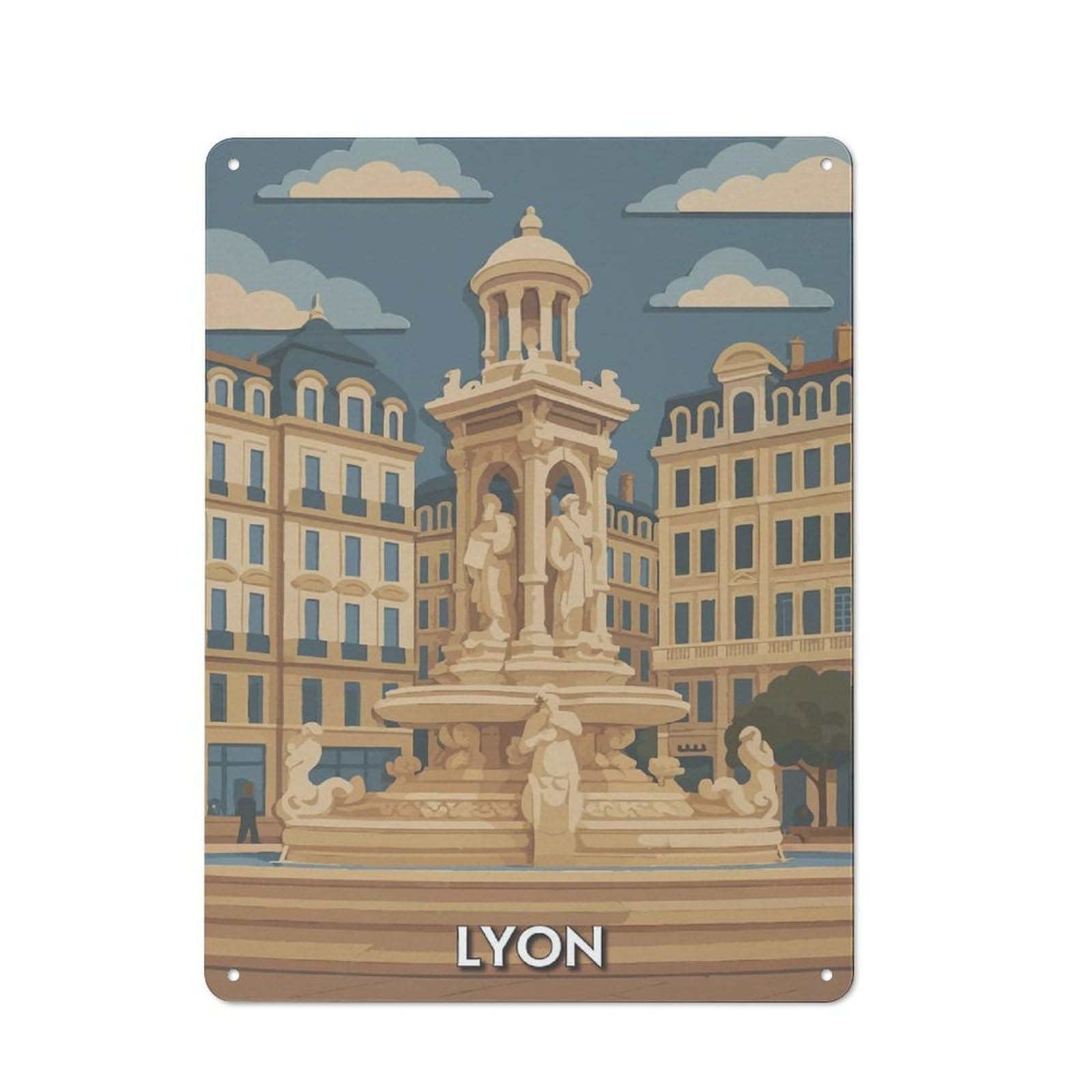 Junmoney Style-7 Rustic Tin Sign 40X30cm Featuring Lyon Cityscape Illustration For Living Room Wall, For Room Styling Across Living Rooms And Feature Walls