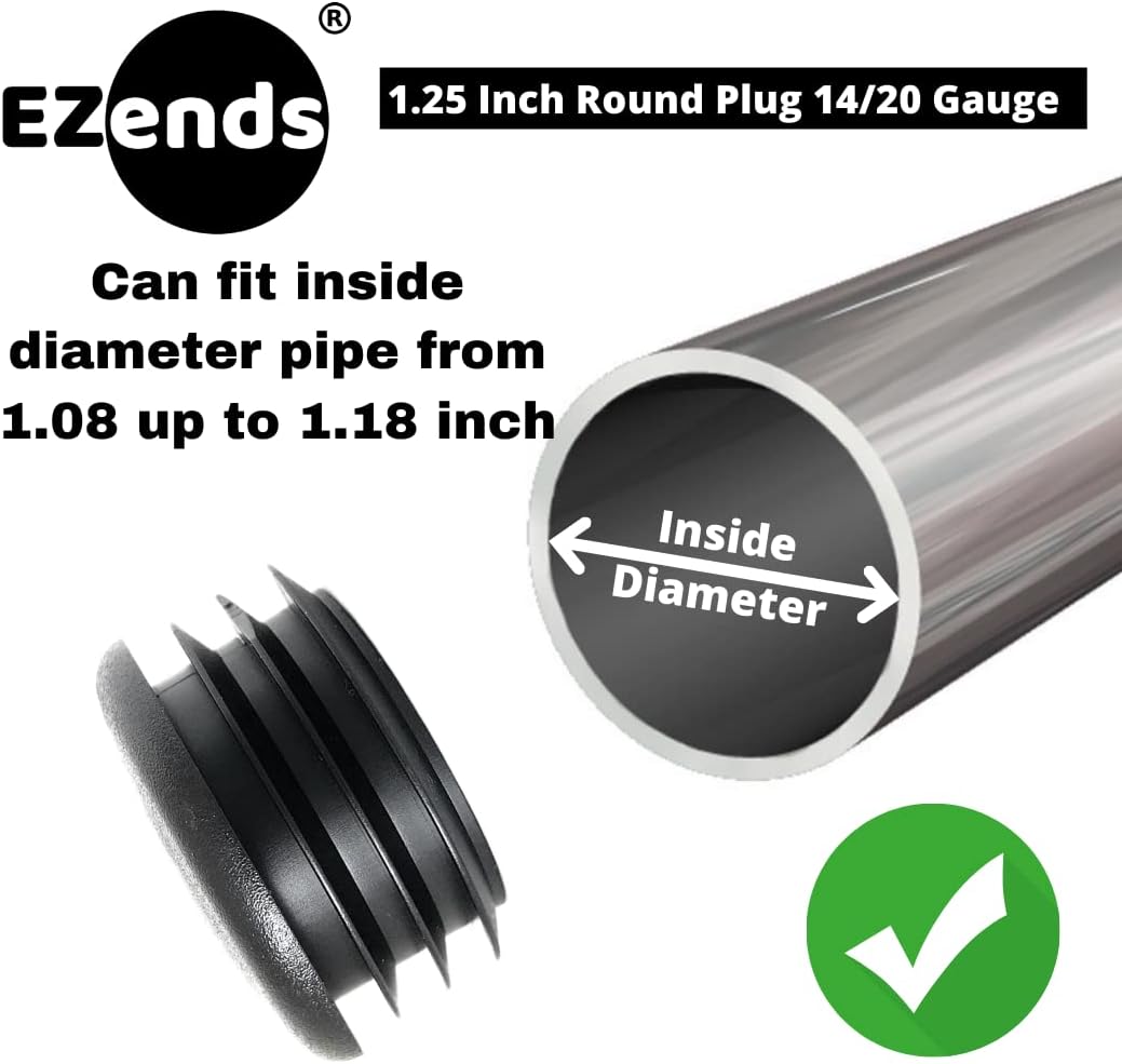 Premium Grade 1 1/4 Inch Round Plastic Plugs, Extra Durable 14-20 Gauge (100 Pack) Pipe Plug Tubing End Cap, Black Round End Caps, Durable Chair Glide Sliders, Furniture Floor Protection.