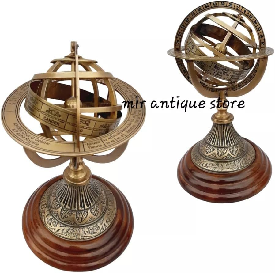 9-Inch Antique Zodiac Armillary Sphere – Engraved Brass Celestial Globe with Wooden Base – Vintage Nautical Home Decor and Collectible Accent Piece