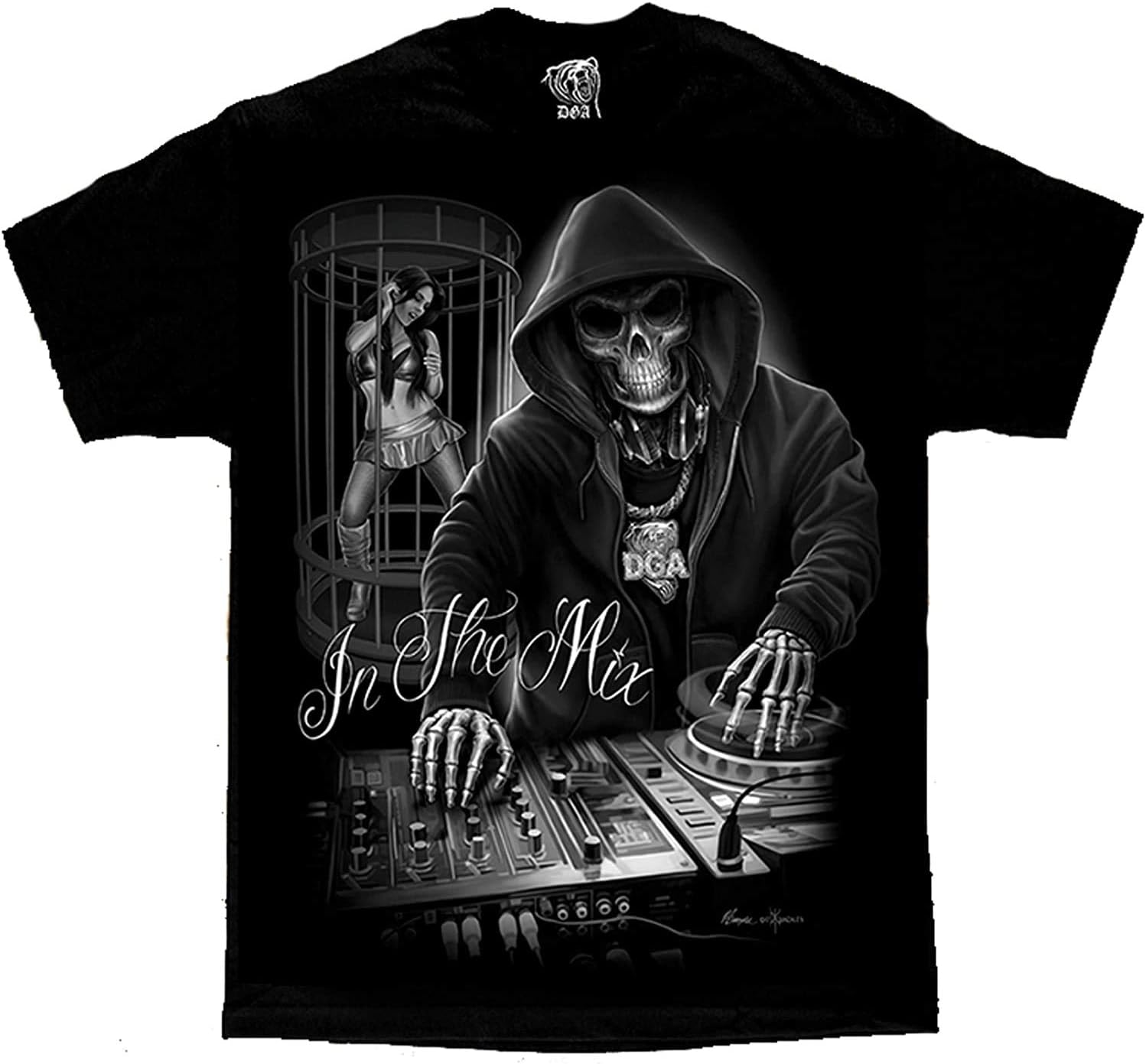 DGA David Gonzales Artin The Mix DJ Death Skull Sexy Girl Turntables David Gonzales DGA Art T Shirt XX-Large Black