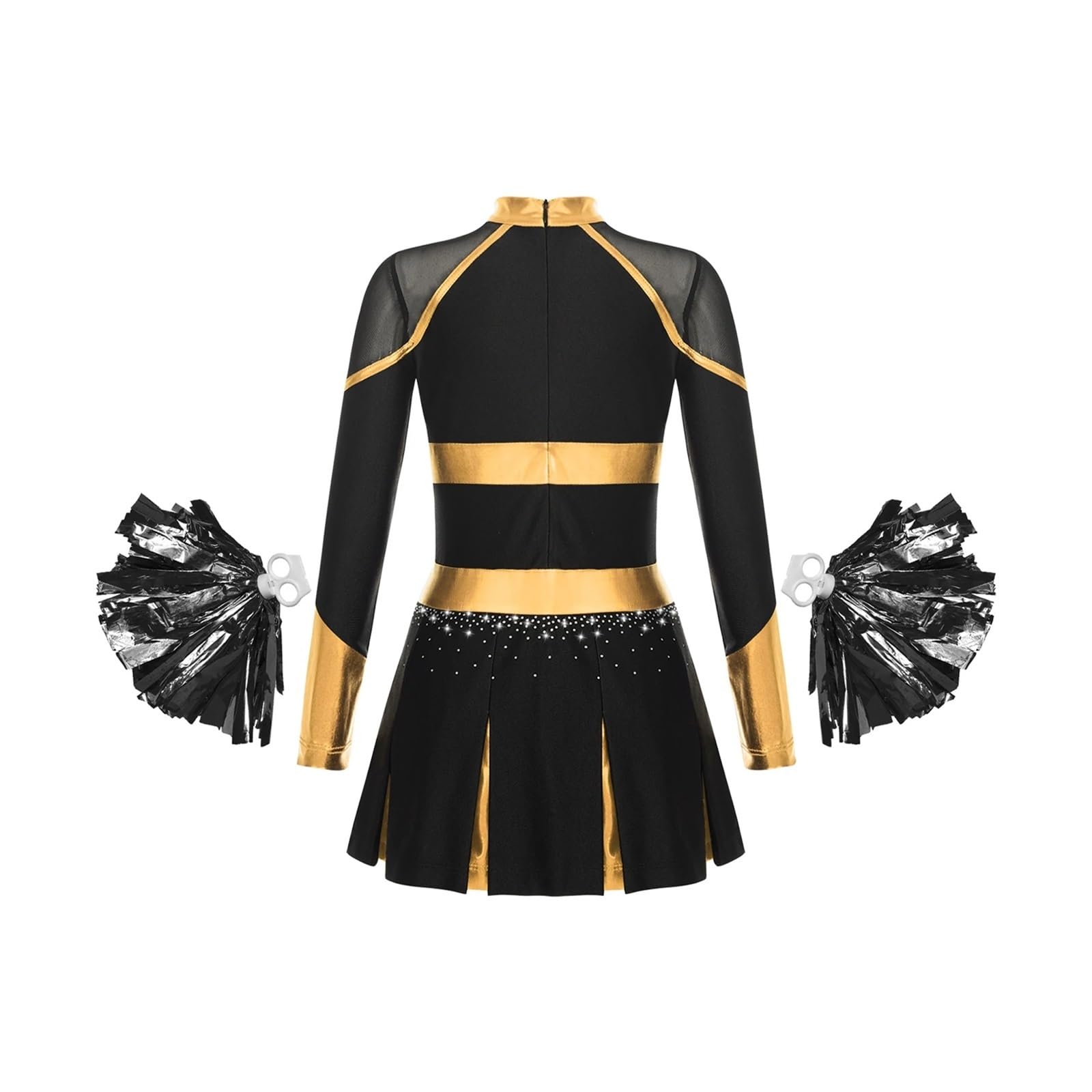Costume Cheerleader Donna Costume da Ballo Uniforme da Cheerleader Abito Pieghettato a Maniche Lunghe Metallizzato con Strass con 2 Fiori a Mano(Blue A,16)