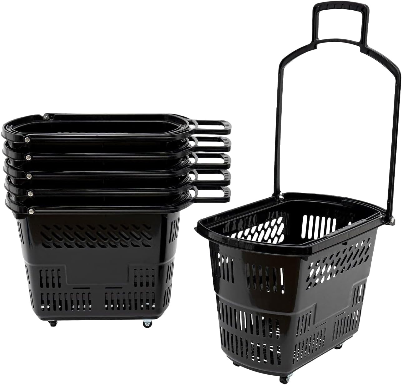 Shopping Carts with Wheels, Portable Shopping Baskets, 35 L Plastic Store Baskets, Stackable Retail Basket with Easy-Grip Handles for Supermarket, Retail Store, Laundry, Home Use 6PCS Black