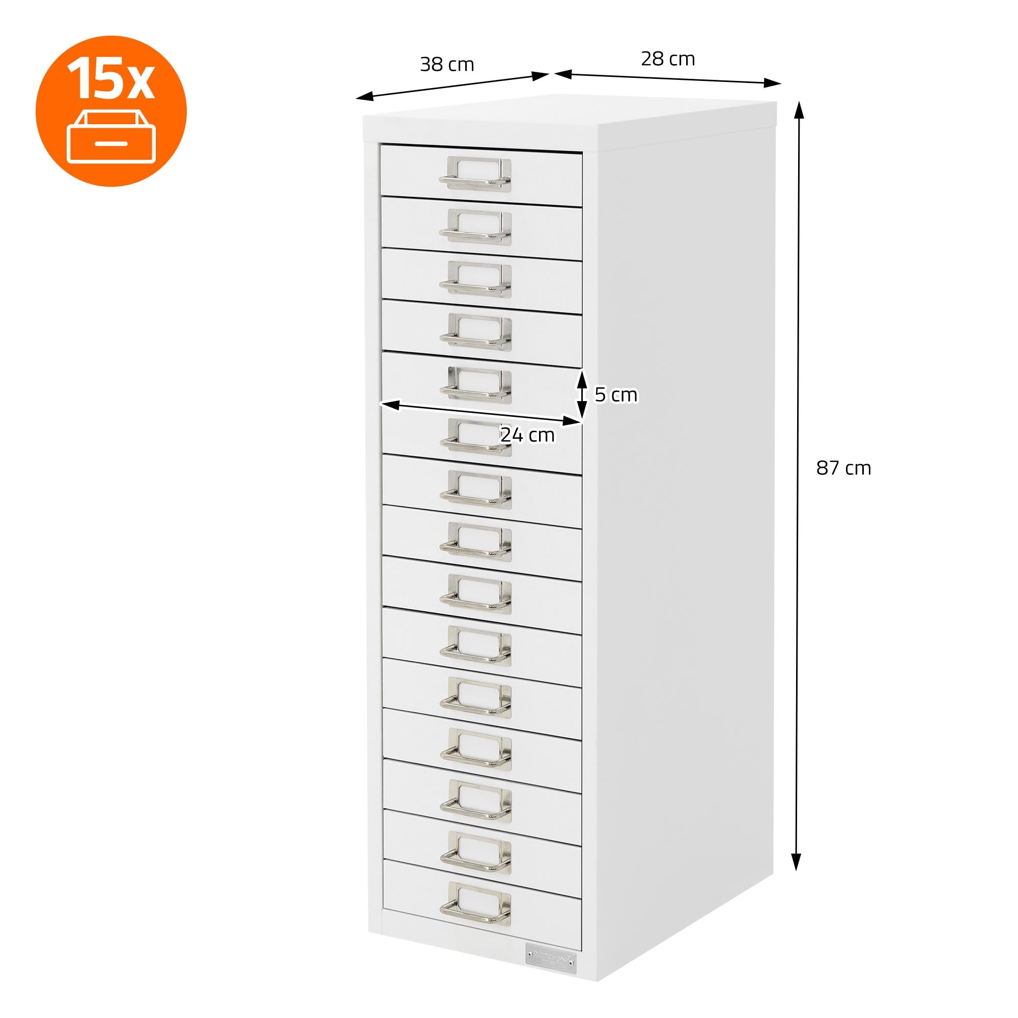 ML-Design szafka na dokumenty z 15 szufladami, 28x38x87 cm, biala, metalowa szafka z szufladami na DIN A4, szafka biurowa z uchwytem na etykiety, szafka stalowa szafka metalowa szafka na narzedzia