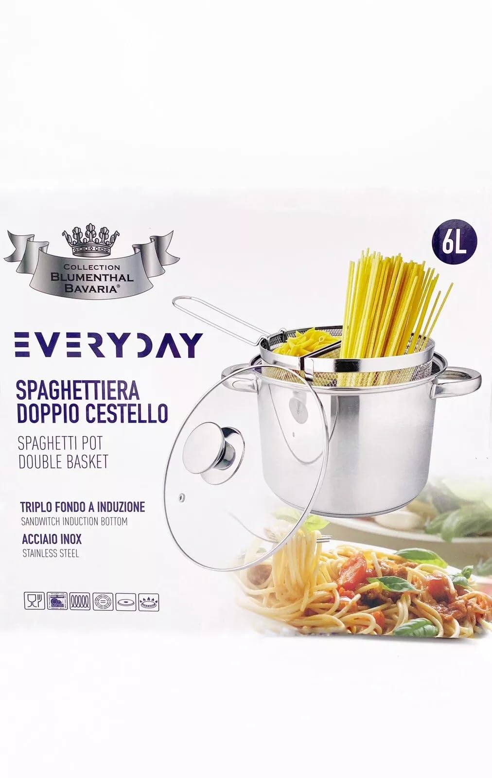 Spaghettiera Pastarella Doppio Cestello 22 CM in Acciaio Inox con Triplo Fondo per Tutti i Piani di Cottura Capacità 6 Litri