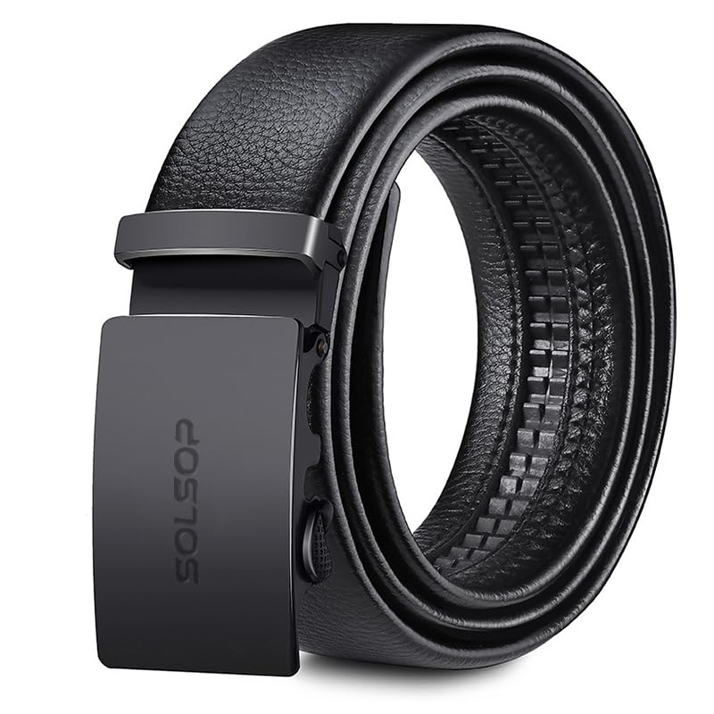 SolsopMen's Leather Ratchet Belt with Automatic Buckle - Casual Jeans and Suit Pants