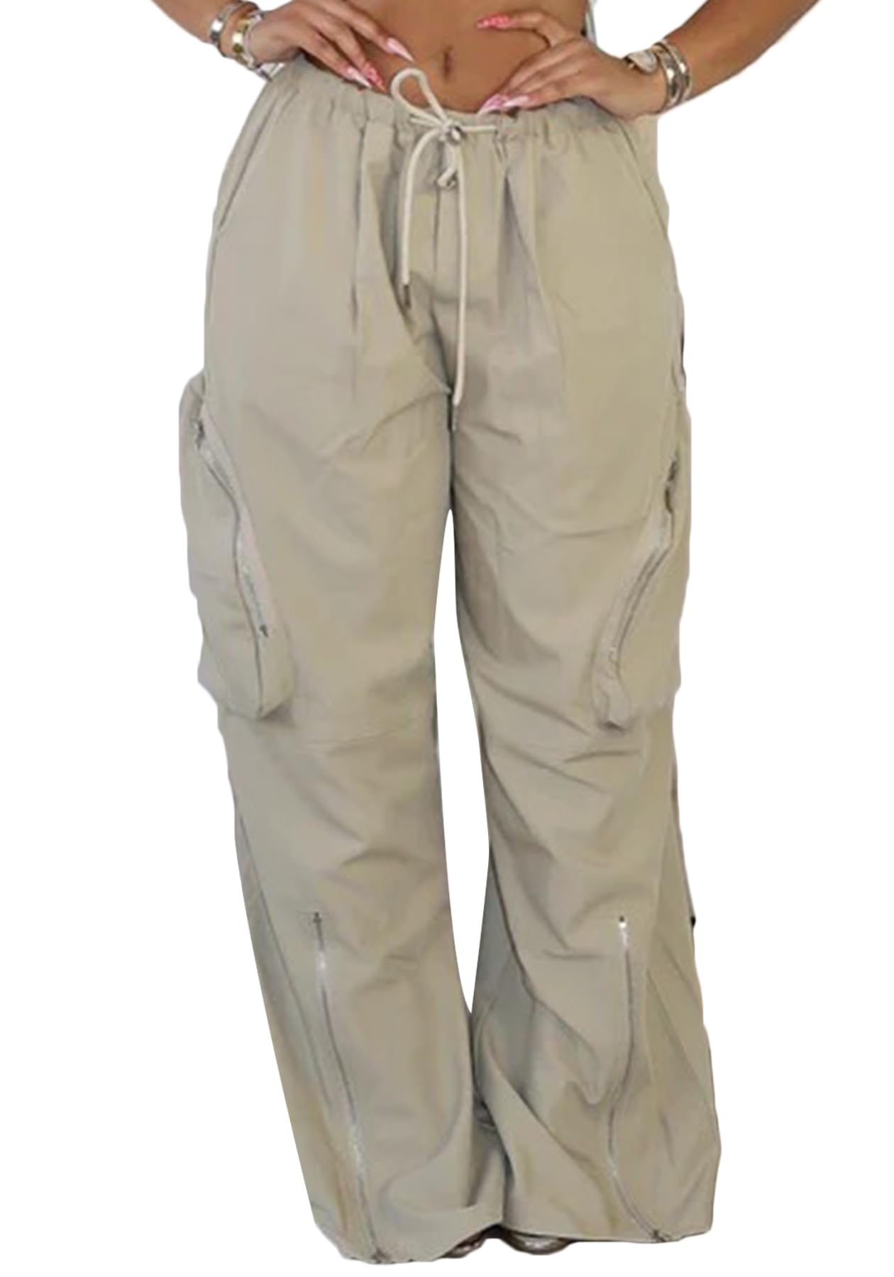 LAJIOJIO Womens Baggy Hiking Pants Casual Y2K Streetwear Zipper Split Loose Cargo Pant with Pockets
