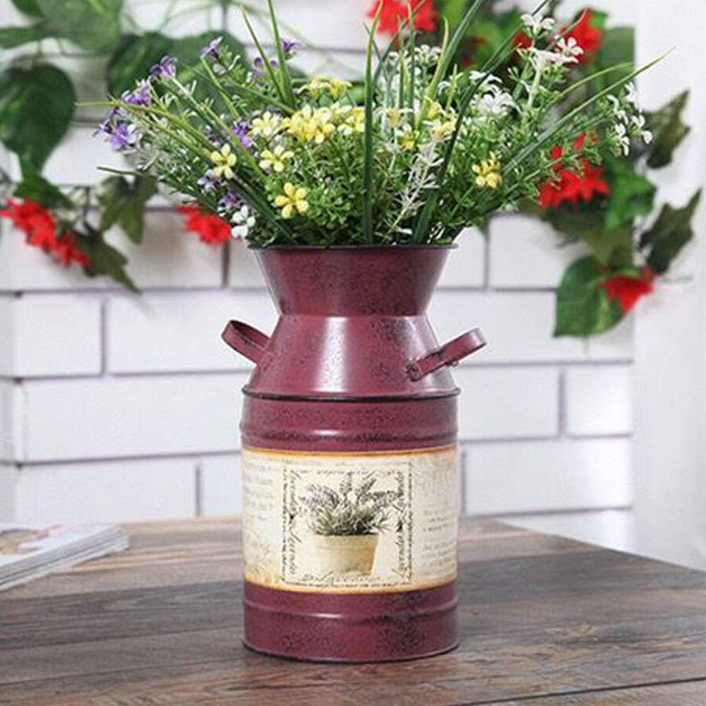 Handmade Shabby Chic Metal Jug Vase Milk Can Jug Pitcher Flower Holder for Home Decoration Photography Props (red)