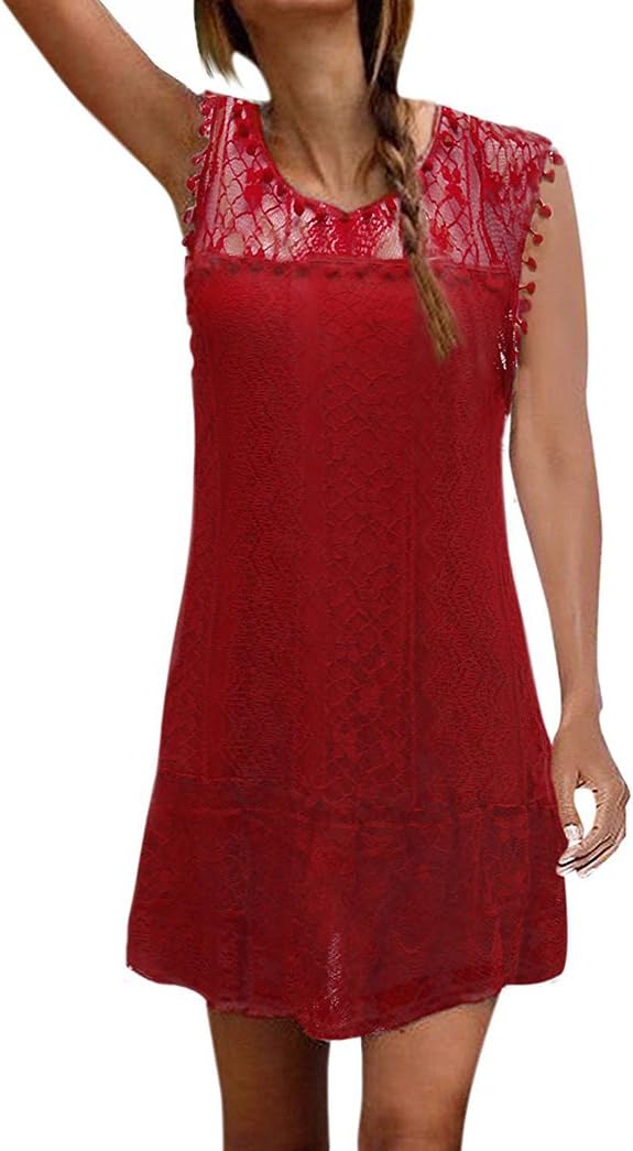 Women's O Neck Crochet Hollow Lace Mini T-shirt Dress