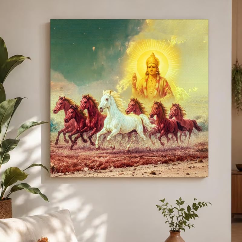 Image of PAINTINGMANRA Shurya Dev 7 Running Horses Canvas Wall Art Painting For Living Room Seven Horse Vastu Feng Shui Canvas Painting Positive Energy Wall Art For Home, Office, 22x22 Inch