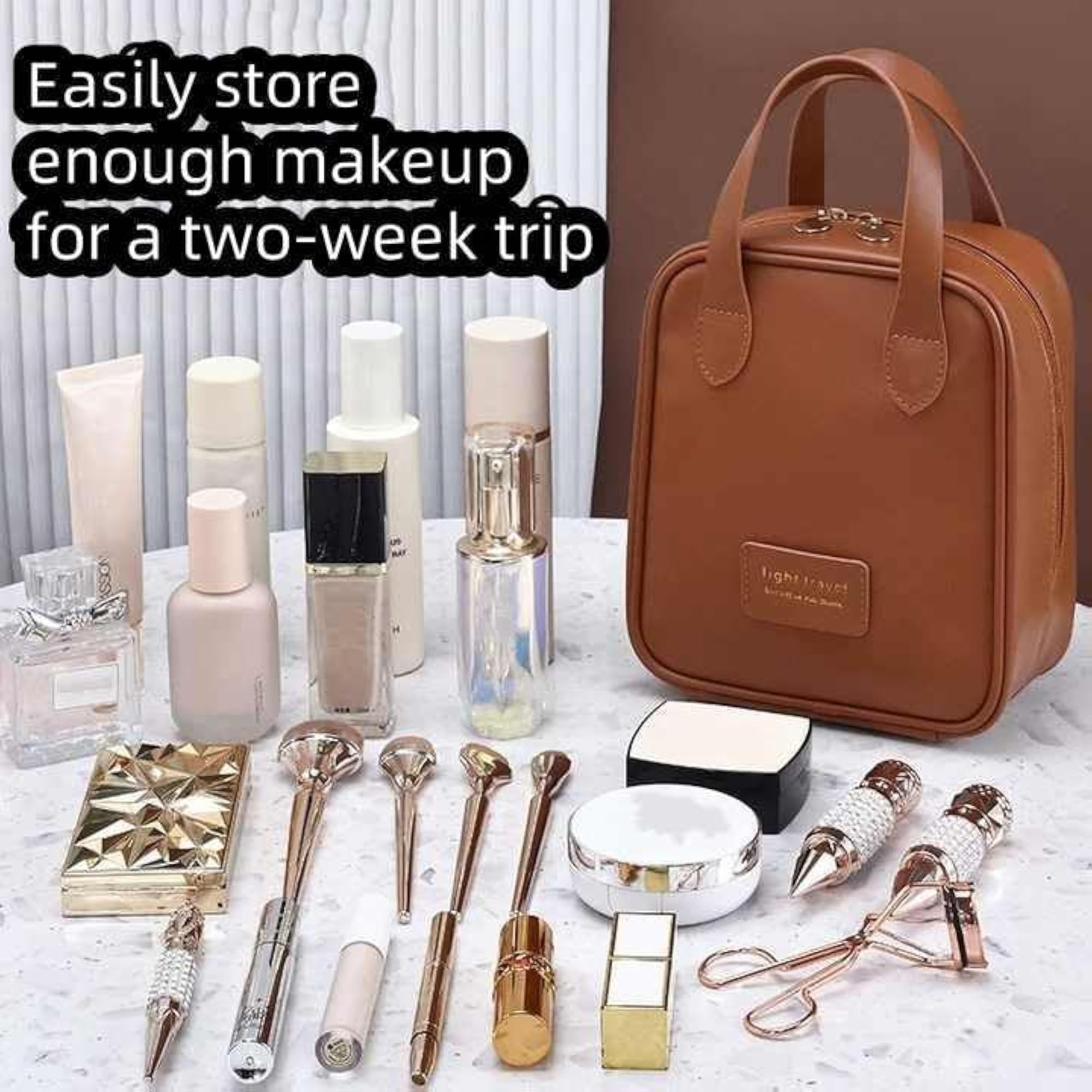 Waterproof Leather Travel Makeup Bag, Zipper Closure